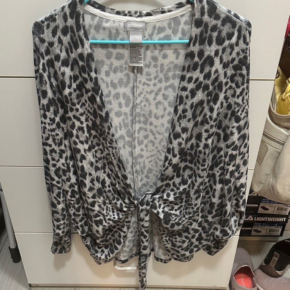 Chico's Gray Leopard Tie-Front Cardigan